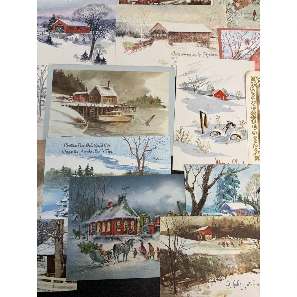 Vintage Christmas Cards Fronts ONLY Houses Barns More Scrapbooking Crafts 50+